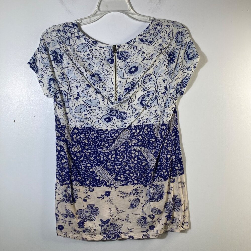 Womens Lucky Brand Cap Sleeve Floral Top Blue White S Cotton Modal Back Zip - Picture 2 of 8